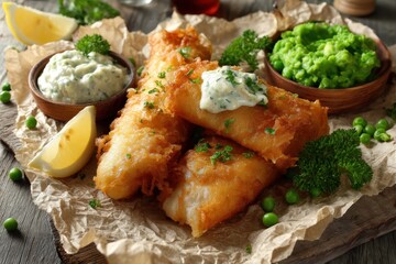 Classic British fish and chips with mushy peas and tartar sauce served on wrinkled paper