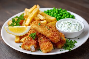 Classic British fish fingers and chips served with peas and tartar sauce on a white plate