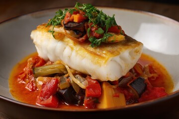 Classic Catalan meal cod with vegetable stew white fish with ratatouille in tomato sauce