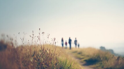 family strolls through picturesque landscape with stunning scenery as blurred people populate background