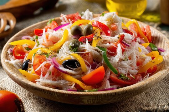 Classic Catalan salad featuring shredded cod tomatoes onions olives and peppers