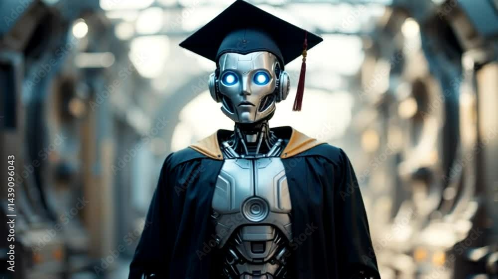 Poster futuristic graduation: robot in cap and gown in industrial setting video