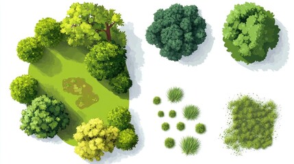 Trees and plants top view. Icon set of colored trees and grass for architectural and landscape design. Green spaces. Element isolated.