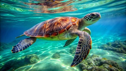 Fototapeta premium Graceful Sea Turtle Gliding Through Crystal-Clear Waters, Sunlight Dappling the Ocean Floor