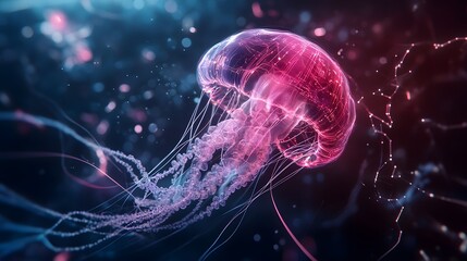 Bioluminescent jellyfish floating in neon abyss digital art surreal environment
