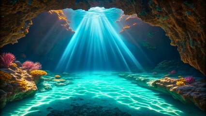 Obraz premium Stunning Underwater Cave Scene with Radiant Sunlight and Colorful Coral Reefs