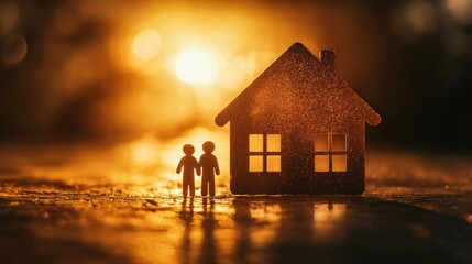 A house symbol with a family standing together under a warm glow