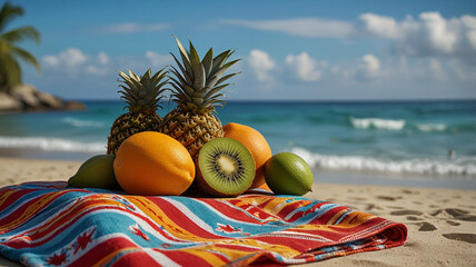 Tropical beach scene with fresh fruits on a wooden table.
