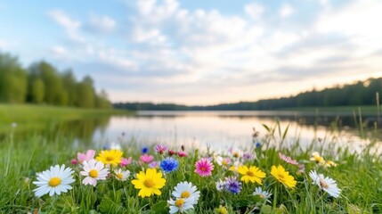 Colorful wildflowers in bloom along the edge of a serene lake, lush green meadow with forest backdrop, and tranquil nature scene on a sunny day.