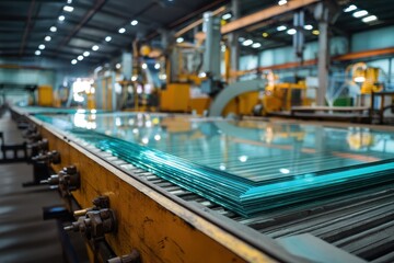 Clear glass sheets on the conveyor in the factory Unique industrial glass tools and machines
