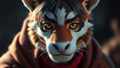 Furry Character Portrait with Hooded Jacket and Intense Golden Eyes