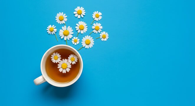 White cup and chamomile flowers on a blue background. Chamomiles come out of the cup like steam. Chamomile tea concept. Flat lay, top view.