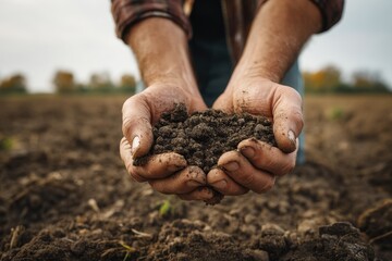 Close up of a farmer examining soil quality with hands before planting wheat Agriculture or gardening theme