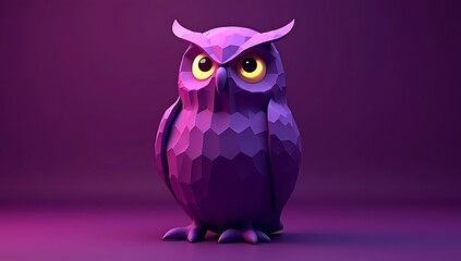 Fototapeta premium A polygonal 3D owl in vivid purple hues sits on a rich plum-colored background, modern and stylish.