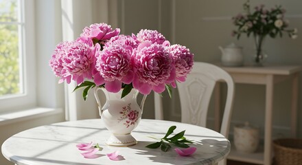 Pink Peonies in Vintage Vase: A Sunlit Still Life