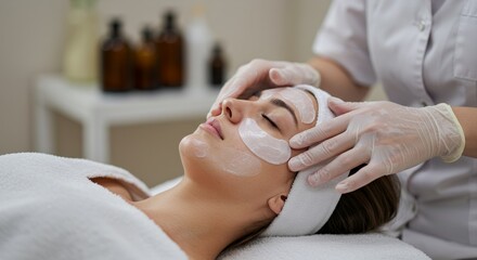 Closeup Of A Serene Young Woman With Closed Eyes Receiving Facial Treatment And Cream Patches In Spa Environment With White Towel Emphasizing Relaxation