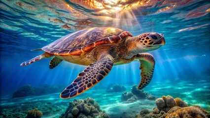 Obraz premium Majestic Sea Turtle Gracefully Navigating a Vibrant Coral Reef Ecosystem Underneath Sunlit Ocean Waters