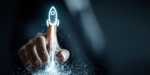 Obraz premium Businessman touching rocket launching hologram, innovation, technology, startup, futuristic