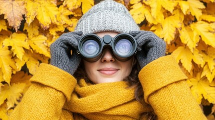 Woman in autumn using binoculars