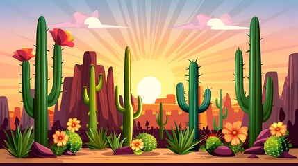 Enchanting Southwestern landscape with stylized cacti and a vibrant sunset