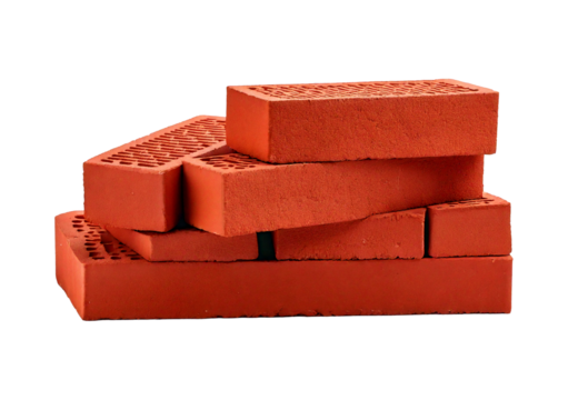 Stack of red rectangular bricks isolated on transparent or white background