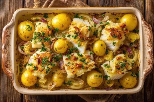 Close up of Bacalhau a Gomes de Sa salt cod onions and potatoes in a baking dish on the table viewed from above