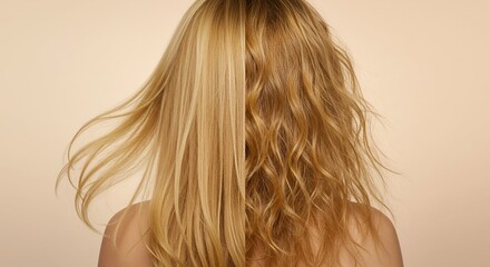 Naklejka premium Dramatic Hair Transformation Split Screen Featuring Golden Flowing Hair Versus Textured Contrast Style Emphasizing Beauty and Styling in Studio Setting