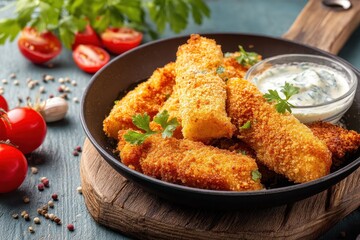 Close up of crispy breaded fish sticks with tartar sauce in a pan Recipe backdrop