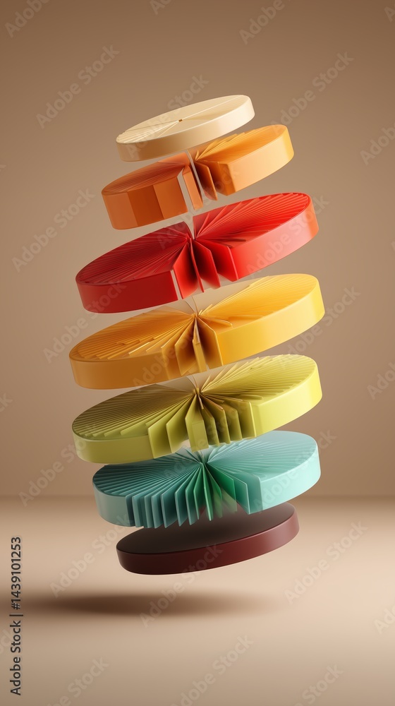 Poster colorful pie chart stacked circular shapes creating a striking visual design. marketing finance orga