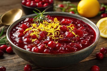 Closeup of a bowl of flavorful cranberry sauce with citrus zest on the table