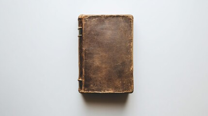 Old leather-bound book lies isolated on simple, minimalist white background