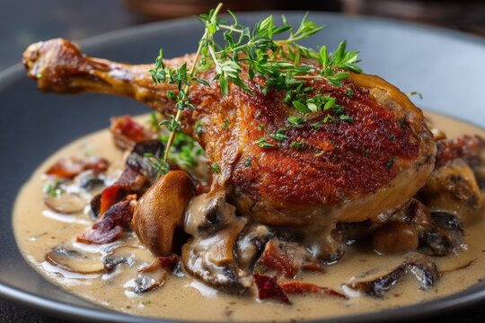 Confit duck legs with mushroom sauce Restaurant presentation Close up