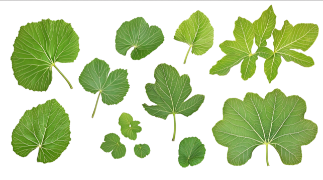 Fresh green fig leaves isolated on white background photo front view variation high detail texture ultra detail midshot