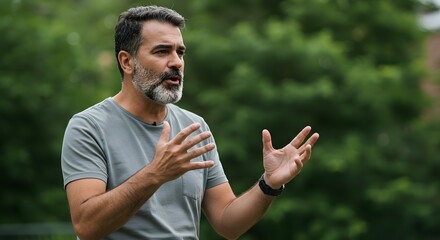 Man with beard passionately speaks outdoors, conveying emotion through gestures and expressions.  A captivating image showcasing powerful communication and human connection.