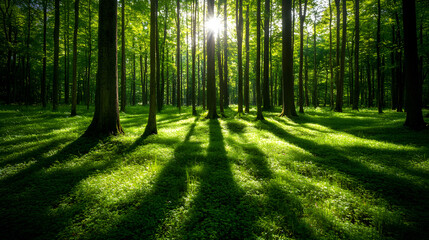 Serene forest scene with sunlight filtering through tall trees, casting shadows on lush green grass, creating a tranquil atmosphere