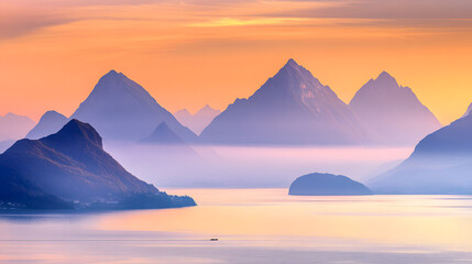 Serene mountain landscape at sunset with soft pastel colors reflecting on calm waters, creating a tranquil atmosphere