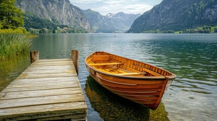 Fototapeta premium Wooden boat docked at a peaceful lakeside pier