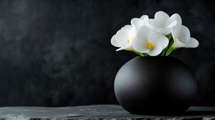 Elegant white calla lilies in a dark vase