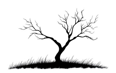 Fototapeta premium Bare Tree Silhouette on Grassy Mound. Black and White Vector Illustration. with Branches and Graphic and Design
