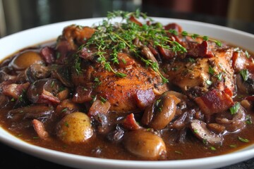 Coq au Vin A robust chicken stew cooked in red wine with mushrooms onions and bacon for a flavorful dish