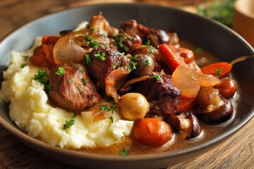Coq Au Vin stew featuring crimini mushrooms pearl onions and carrots in a red wine sauce served with mashed potatoes