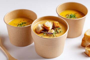 Craft containers of potato cream soup with croutons on a white background Vegetable soup for delivery
