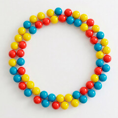 Obraz premium Circle of colorful plastic beads on a white background, top view