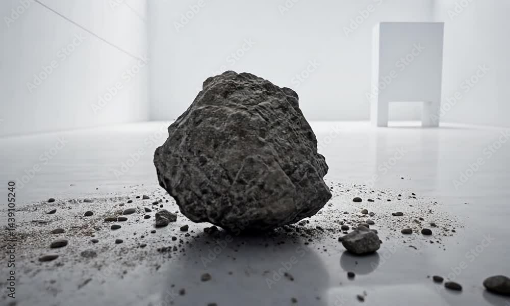 Poster a large rock sits on a polished floor in a minimalistic white room with a simple table