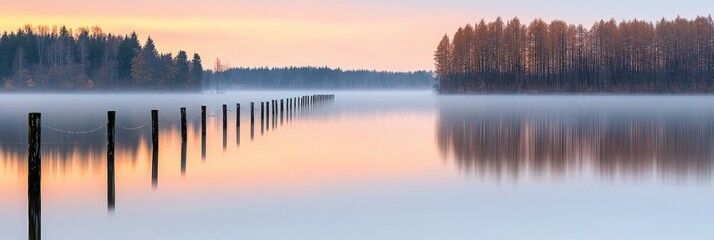 Obraz premium Panoramic View of a Sunrise on the Island Concept. Tranquil Misty Lake Landscape at Dawn with Wooden Posts and Reflections on Calm Water