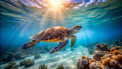 Obraz premium Majestic Sea Turtle Gracefully Navigating Vibrant Coral Reef Under Sunlit Ocean Waters