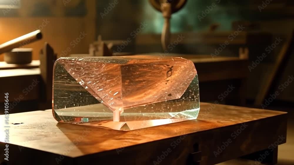 Aufkleber a large, transparent crystal block illuminated on a workshop table with tools in the background