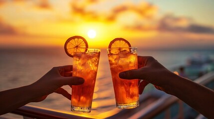 A party of friends toasting drinks on a sunset cruise deck.
