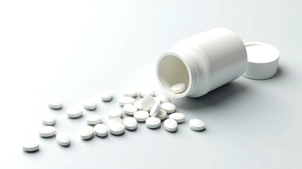 Various medicines and health pills spilled from a white medical bottle, top view on a clean white background, representing healthcare, pharmaceutical treatment, and wellness concepts