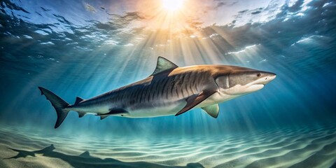 Fototapeta premium Majestic Tiger Shark Gliding Through Sunlit Waters, Shadow Dancing on Sandy Ocean Floor